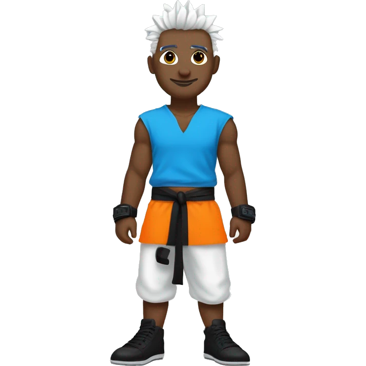 Silver spiked hair
White skin
Black eyes
Orange gi over blue short-sleeved T-shirt
Black shoes
Black wrist bands on both wrists
Black belt emoji