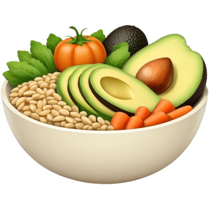 Minimalistic flat vector icon, iOS style, thin black contour on white background. Bowl with vegetables, grains, and avocado slices inside. Clean, no text, no shadows emoji