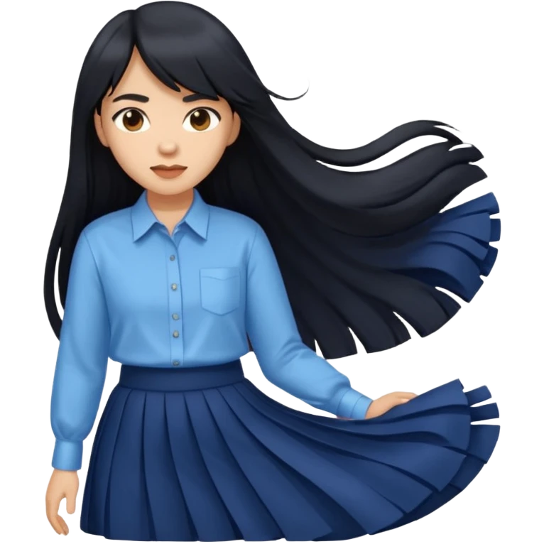 hair : black long hair with fringe 
skin : light 
cloth : oversize light blue shirt + navy long long skirt 
 emoji