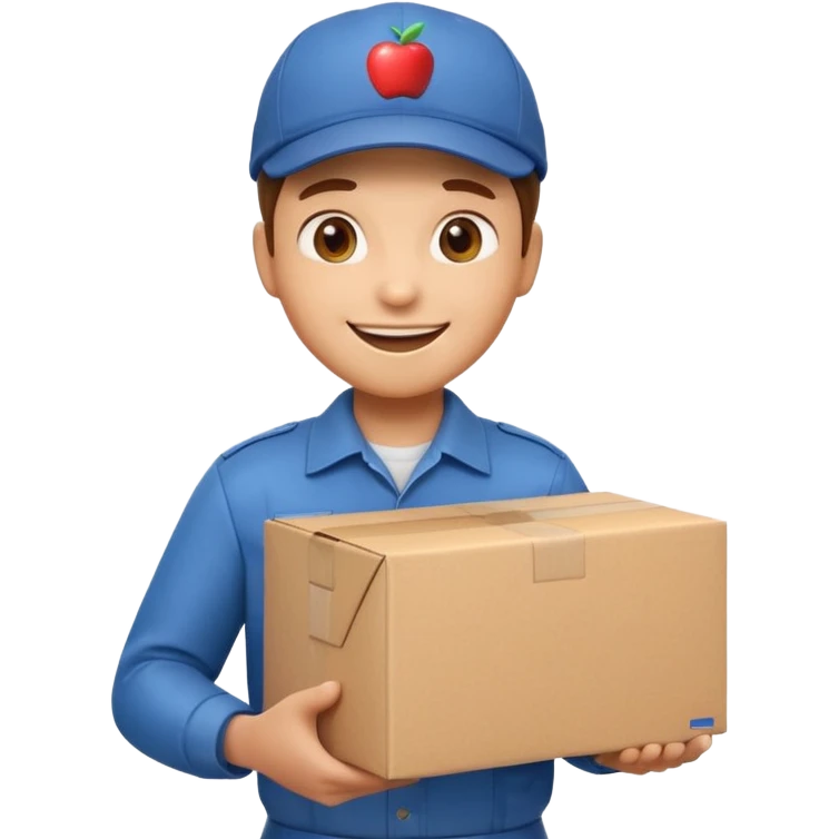 3D Apple-style emoji of a delivery worker holding a cardboard package. Wearing a cap and uniform shirt, smiling expression. Rounded, glossy, smooth, soft shadows, white background.




 emoji