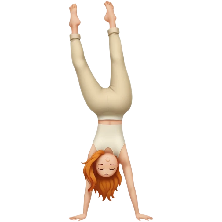 Ginger Girl side view handstand legs together in cream pants emoji