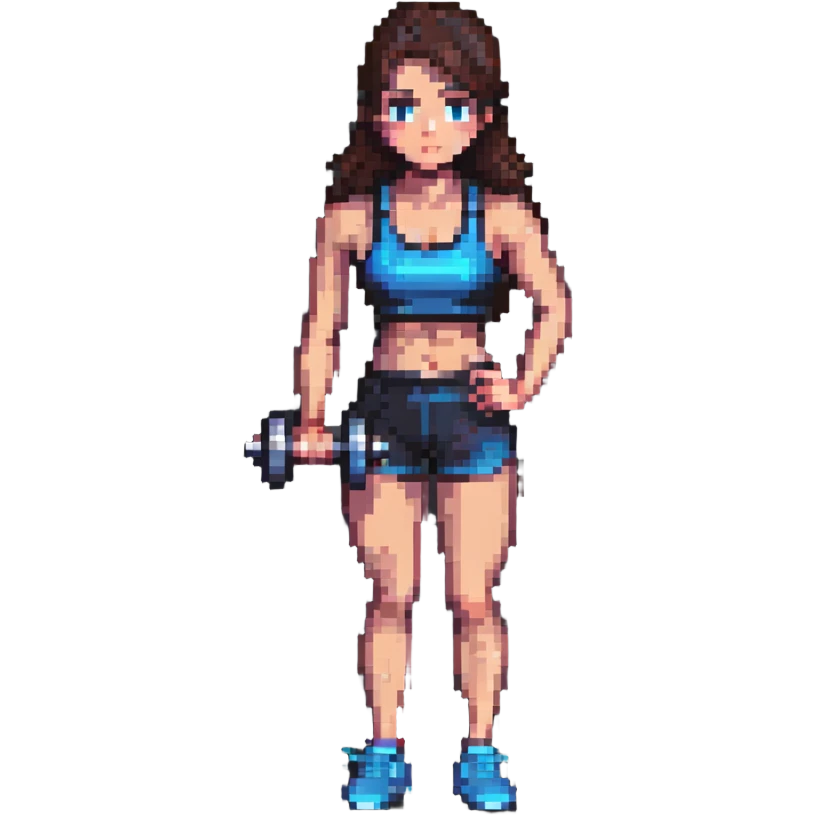 brunette girl in gym wear lifting a dumbbell, pixel art style emoji
