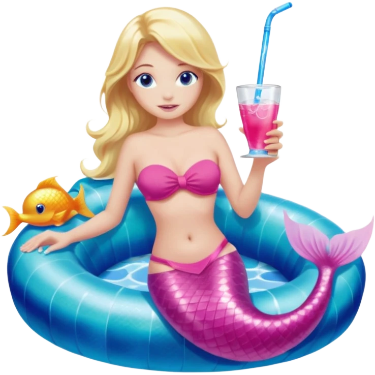 woman who is a mermaid with blonde hair and blue eyes sitting in a pink pool tube in a blue pool sipping a drink wearing a pink bikini top and a pink mermaid tail  emoji