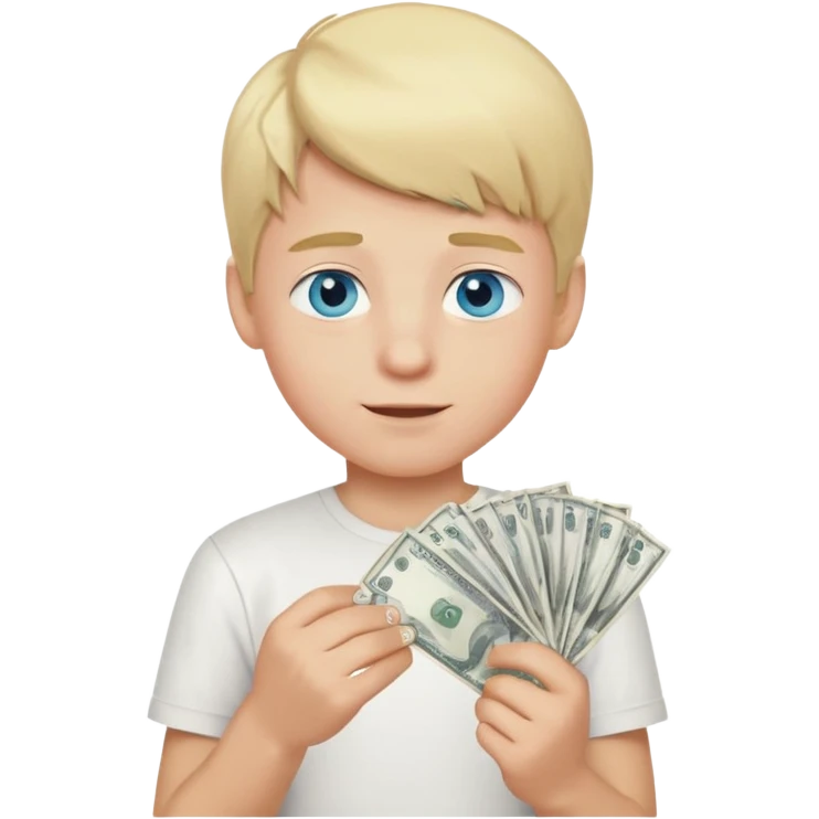 blonde boy, blue eyes, white shirt, holding money, winking emoji