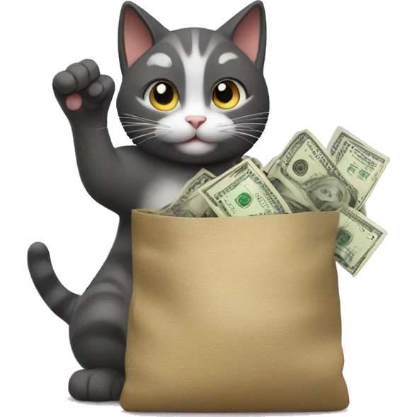 the cat waves its paw and holds a bag of money emoji