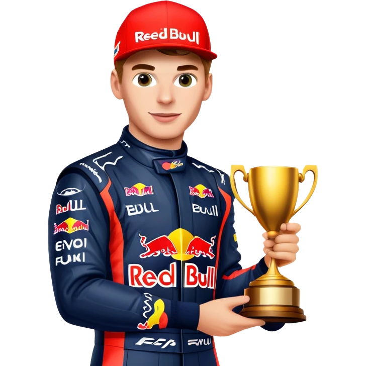 Max Verstappen celebrating with trophy, Red Bull racing suit, no text emoji