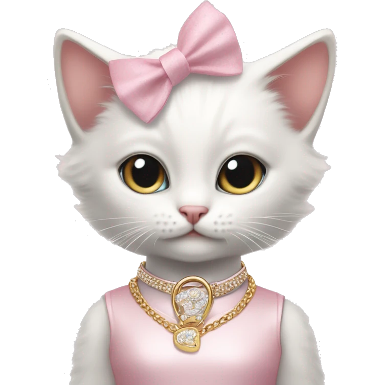 A cute white kitten wearing a pastel pink dress, a ribbon on its head, white Jordan shoes, Dior-branded gloves, a large gold necklace, and big silver earrings. emoji