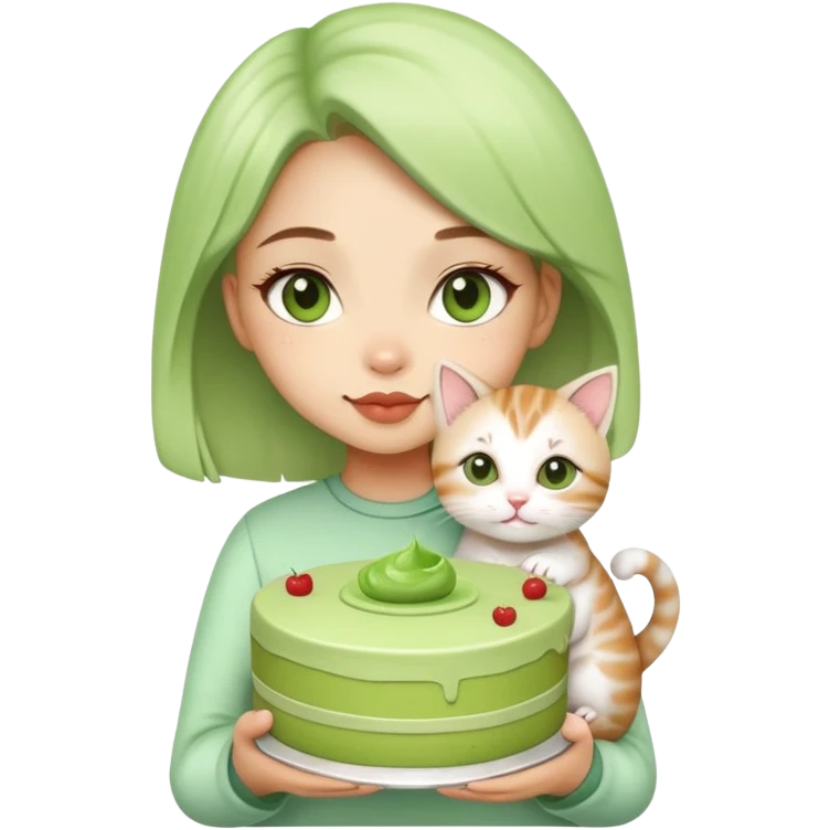 Beautiful girl holding a big matcha cake and a kitten in her hands emoji