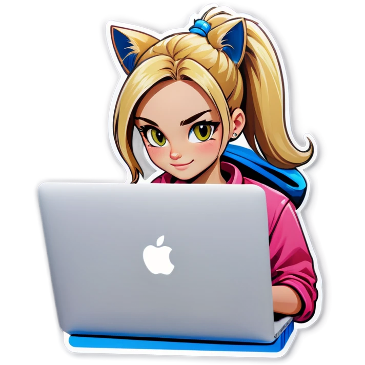 Blonde girl ponytail macBook and a cat emoji