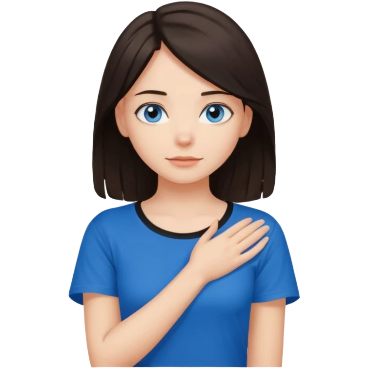 Girl with dark brown hair thats about shoulder lenght with blue eyes putting two hands on their neck in a black tshirt emoji