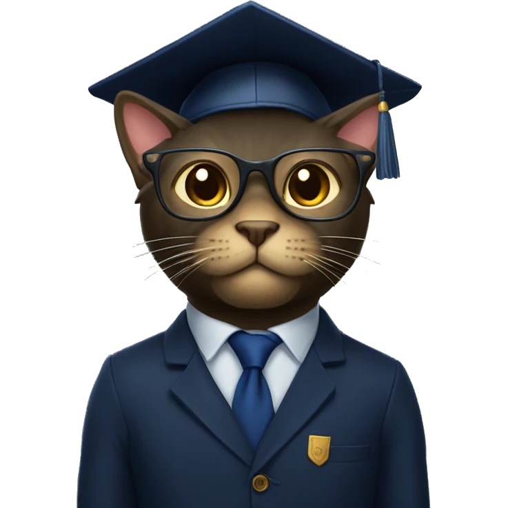 The student is a black wool cat in a dark blue suit, a square academic dark blue cap and golden glasses emoji
