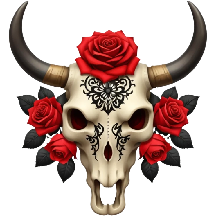 Bull skull with red roses and black intricate patterns emoji