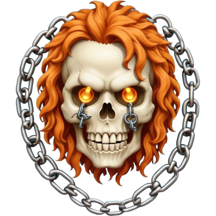 cinematic realistic steam-punk Megadeth iconic skull mascot with a rusty chain in his teeth, huge curly orange hair emoji