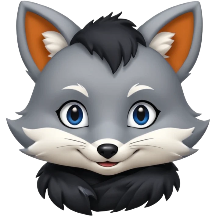Grey anthropomorphic furry fox with a black coat, blue eyes, and a small fringe of black hair, smiling emoji