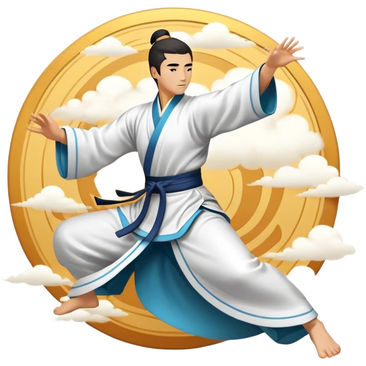 Emblem symbolizing Wushu martial arts. A graceful martial artist performs a dynamic kung fu pose, with flowing movements and a long, elegant robe. The background features stylized clouds and traditional Chinese symbols, representing fluidity, balance, and precision. Transparent background. emoji