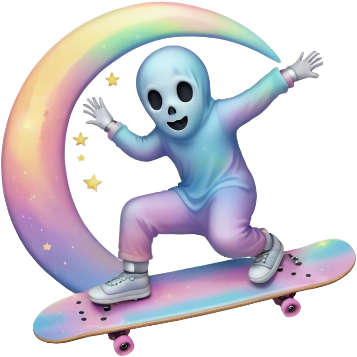 ghost skateboarding under a pastel moon and stars emoji