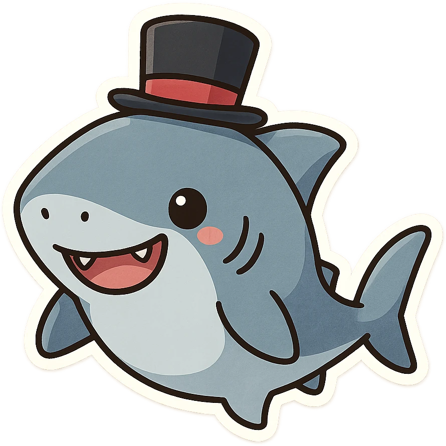 a fun and whimsical shark wearing a top hat, cartoon style, playful and cute emoji