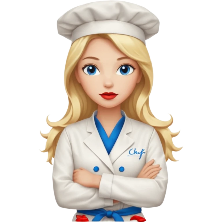 Beautiful, sexy,  long blonde hair, blue eyed, full red lips plunging v neck chefs coat, female chef arms folded  emoji