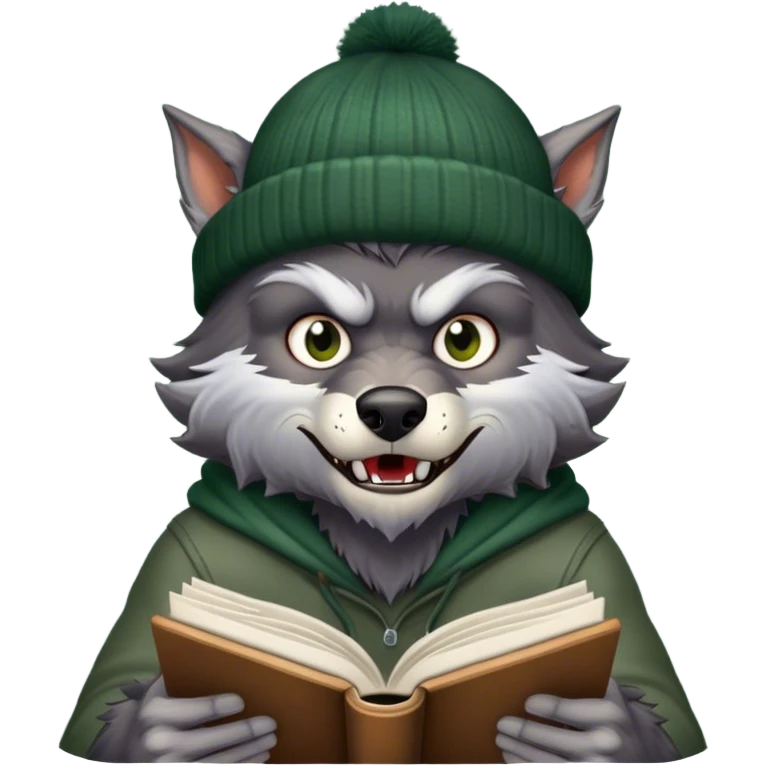 werewolf wearing a dark green beanie reading a book emoji