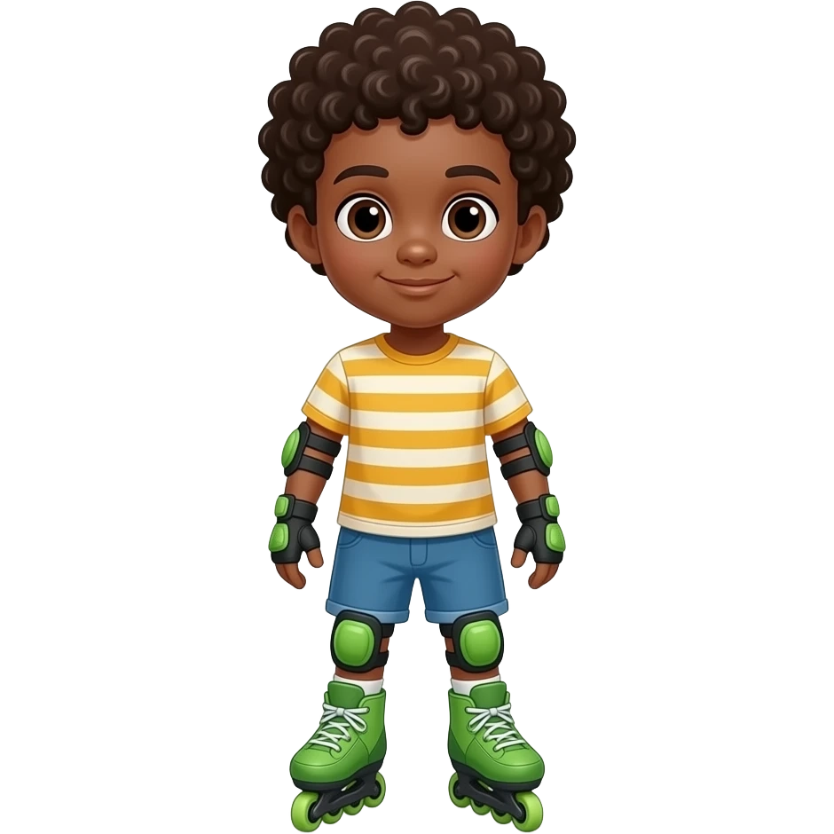 Child black boy curly hair, standing upright, wearing green elbow pads and knee pads, with green  roller skates, ready-to-play expression, front-facing pose. emoji