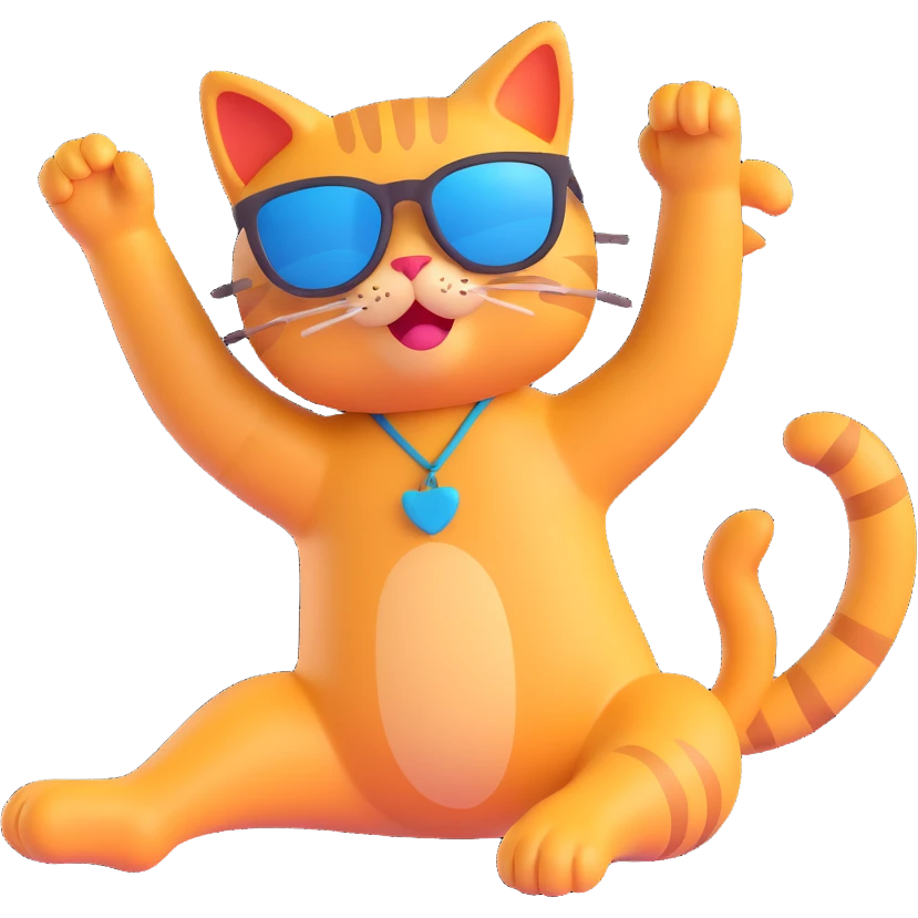 Cat wearing sunglasses in a playful stretching pose, 3D emoji style, no background. emoji