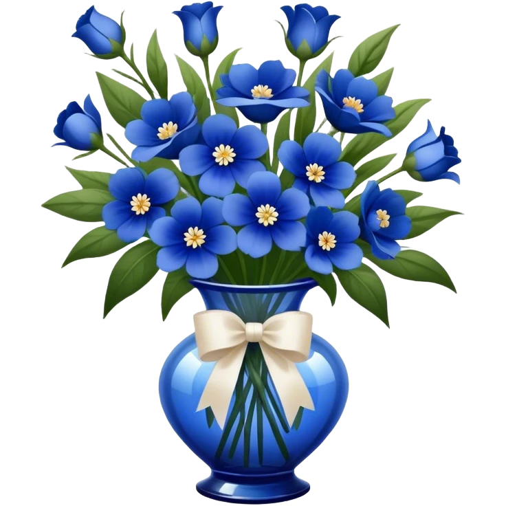 "A glass vase filled with deep blue flowers, tied with a soft ribbon, elegant and vintage-inspired." emoji