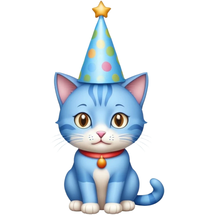 Blue cat wearing a birthday hat emoji