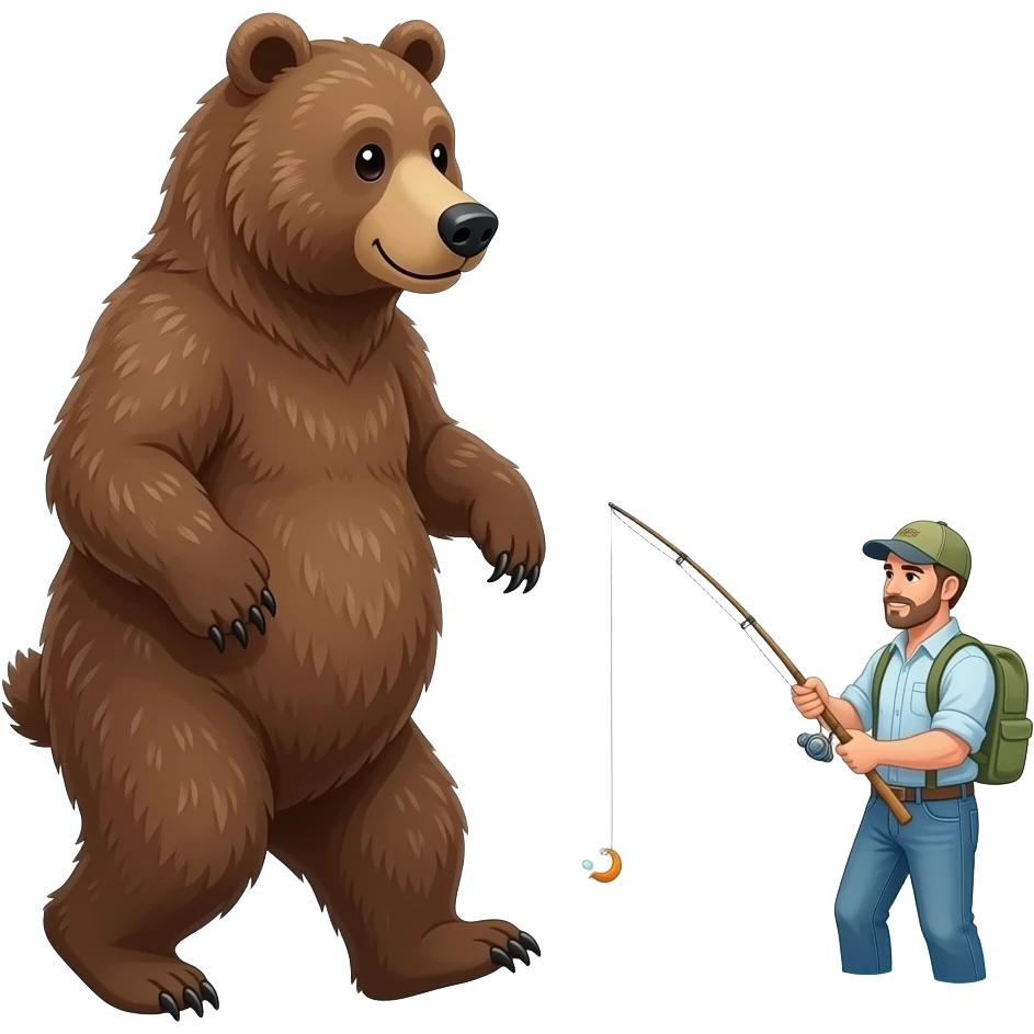 bear standing on 2 legs walking towards a man fishing in the water emoji