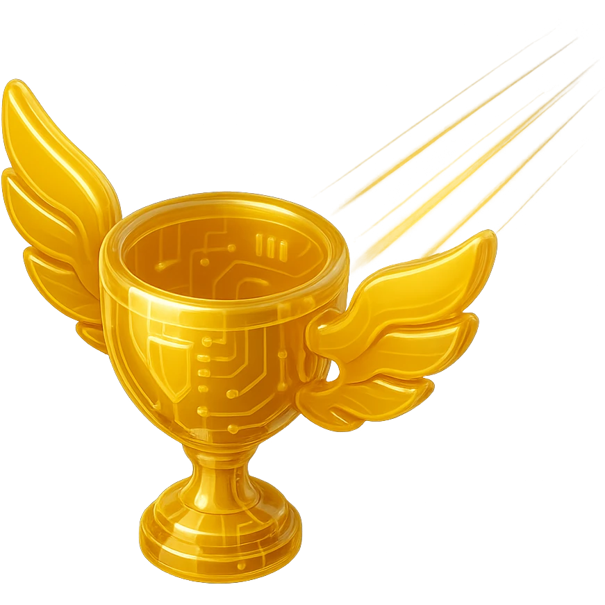 Super Sonic Legend inspired by Rocket League, golden trophy with wings and supersonic trail, radiating energy and achievement, glossy circuit style emoji