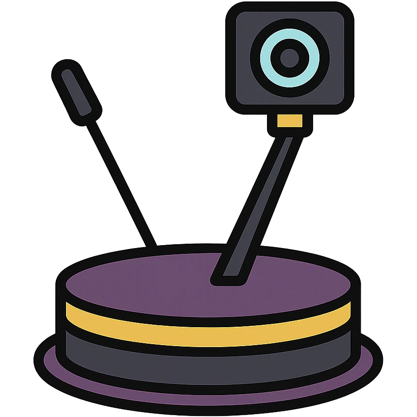 luxurious 360 camera booth with spinning platform, decorated in purple, black, and gold, elegant and sophisticated style for luxury events emoji