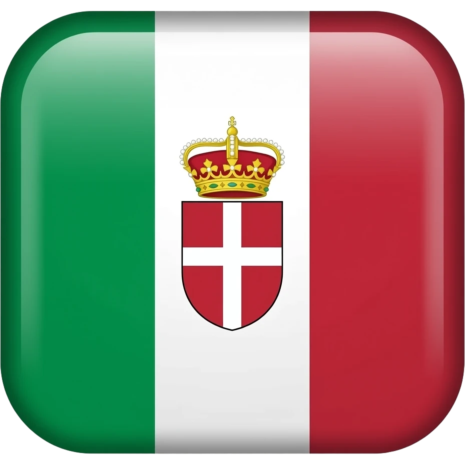 The rectangular flag of the Kingdom of Italy (1861–1946) was a vertical tricolor of green, white, and red, with the Savoy coat of arms (a white cross on a red shield) centered on the white stripe. A royal crown often topped the shield for official and military versions. emoji