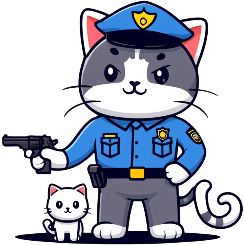 a police officer standing next to a mischievous cat holding a toy gun emoji