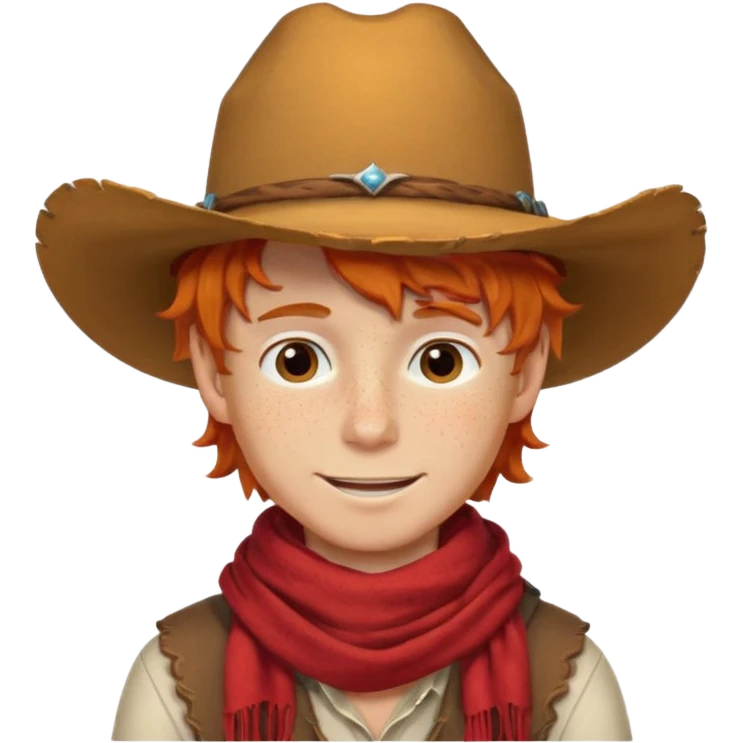 a wavy orange hair boy wearing a cowboy hat with a mischievous grin and freckles with western red scarf on his neck emoji