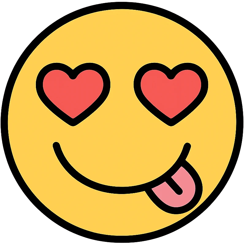 silly face with hearts, modern icon style, playful and expressive, bold lines, simple shapes, colorful emoji