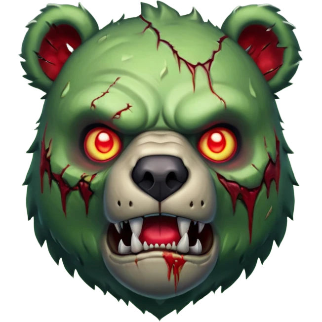 zombie bear portrait, head and shoulders only, cracked skin, stitched scars, glowing red-green eyes, powerful undead beast vibe, 3D cartoon, mobile game icon style, clean background, no text, no watermark
 emoji
