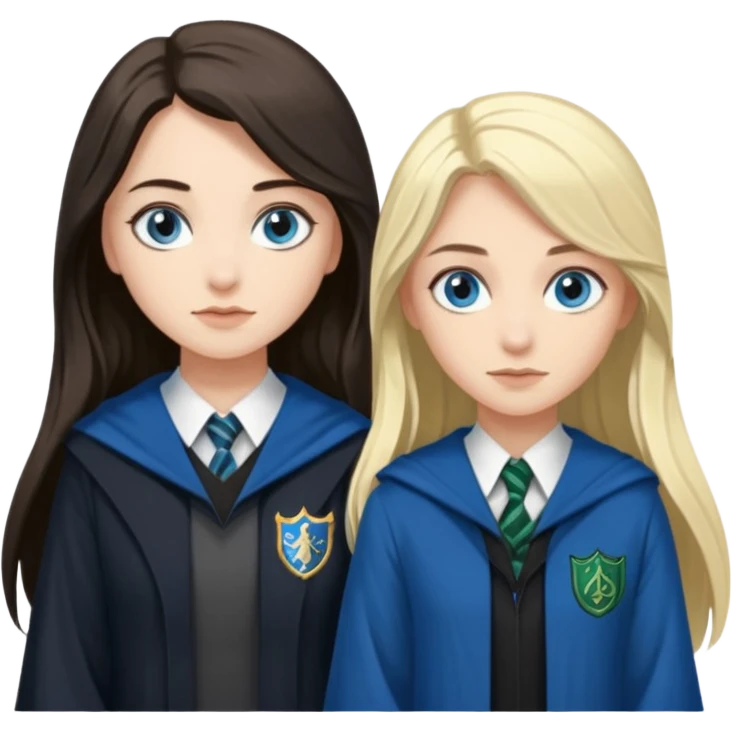 a pretty ravenclaw girl with long dark brown hair and blue eyes standing with a hot Slytherin girl with long blonde hair, blue eyes emoji