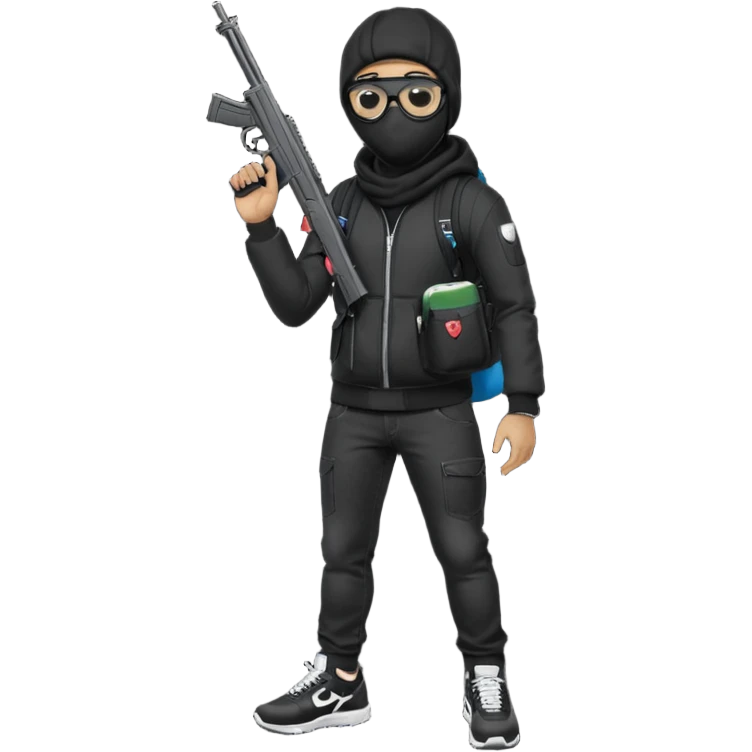 YN wearing a ski mask, holding a gun, all black fit, black jeans, Sprayground bookbag, confident stance with glasses emoji