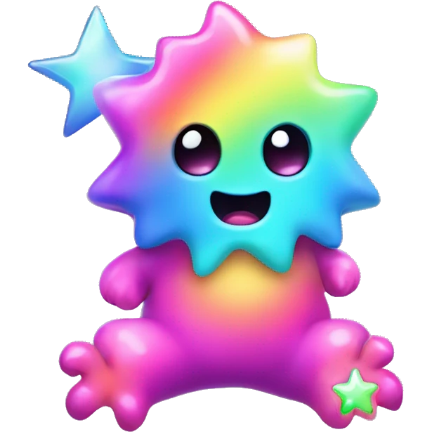 Kawaii rainbow neon baby monster with iridescent star emoji