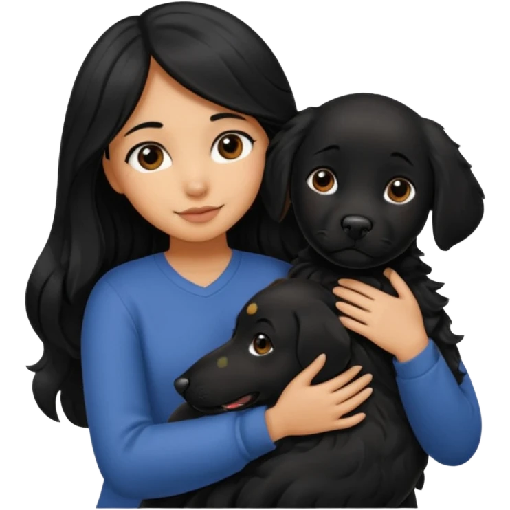 a girl with long, wavy black hair hugging a black Labrador with black fur a emoji