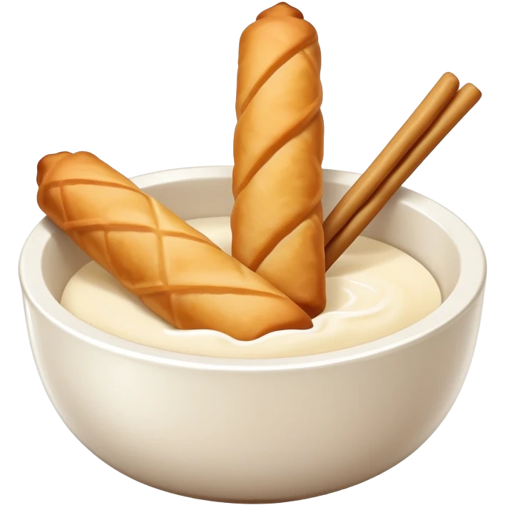 Soy milk and fried dough sticks Doujiang Youtiao in bowl and stick, simplified emoji style with bold outlines and bright colors, cartoon style traditional Chinese breakfast combo emoji