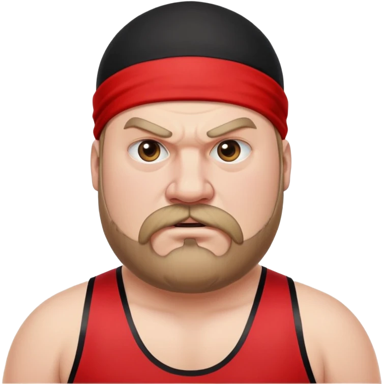 Close-up of very fat white skin guy with young face, beard and mustache, no muscle with prominent black durag, black eyes in a red and black wrestling singlet with angry face emoji