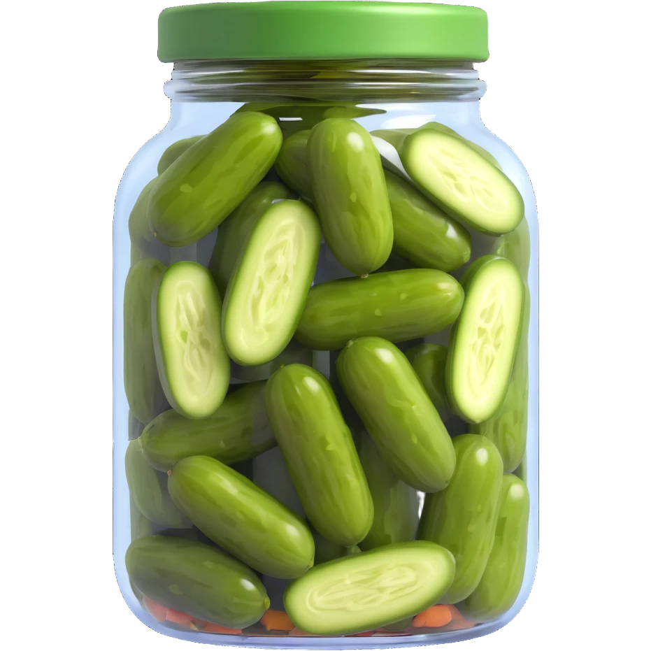 clear jar showing green pickles in brine, glossy rich dark green lid, pickles and liquid clearly visible through glass emoji