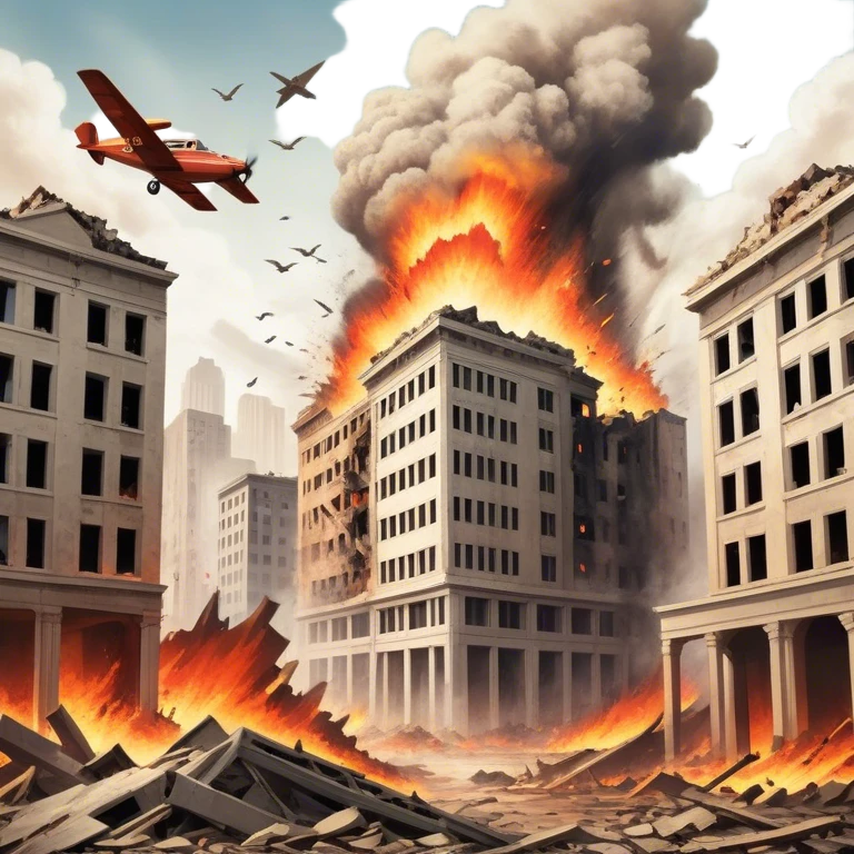 A vintage movie poster-style design with a dramatic scene of a natural disaster like an earthquake, tornado, or tsunami. Include crumbling buildings, flying debris, and fiery explosions. The background should be chaotic, with a cinematic, apocalyptic vibe. Transparent background. emoji