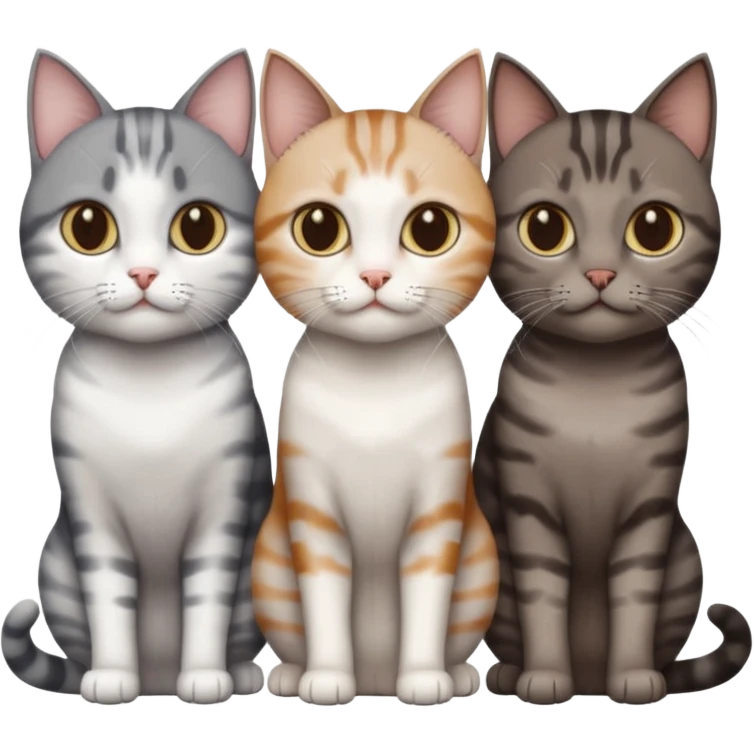 3 different coloured short haired cats including; a dark brown tabby and white cat, and a dark grey and white  emoji