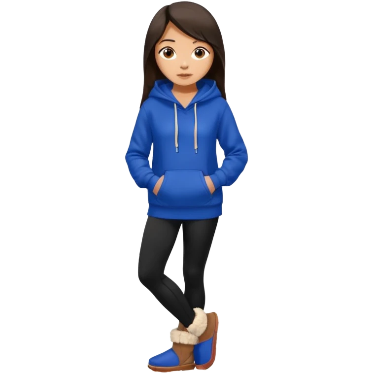 A pretty white/asian tanned girl with medium long strait dark brown almost black hair wearing a royal blue hoodie and black leggings pretty tan with Ugg slippers emoji
