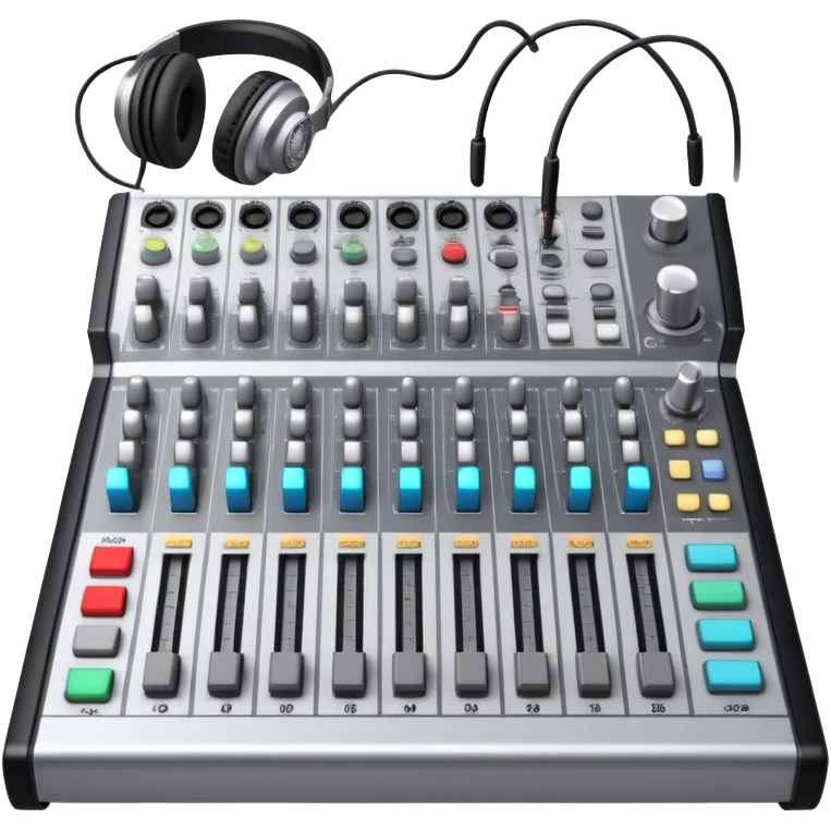 Create a professional and technical emoji that represents sound engineering. The design should feature a sound mixing console with faders, a pair of studio headphones, and audio waveforms to symbolize the precision and technicality of sound mixing and mastering. Include elements like a microphone or audio cables to reflect the recording aspect. Use colors like silver, black, and dark blue to represent the technical, yet artistic side of sound engineering. The background should be transparent. emoji