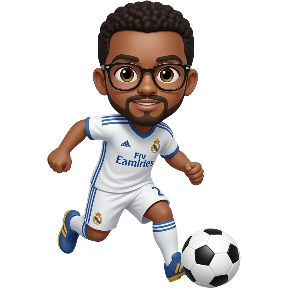 black boy with black and gold glasses playing soccer with a madrid jersey and a little mustache and a goatee emoji