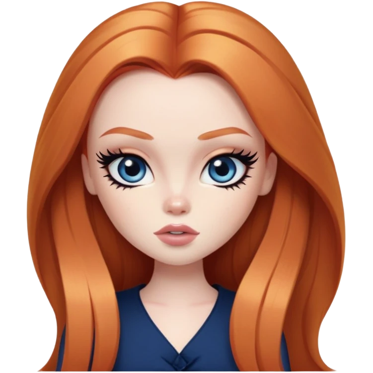 straight long ginger hair, pale skin, dark blue eyes, pretty bratz baddie, black eyeliner, blush emoji