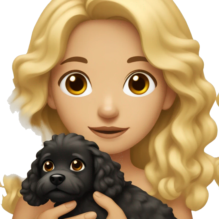 A girl with blonde wavy hair and brown eyes holding a small black fluffy dog emoji