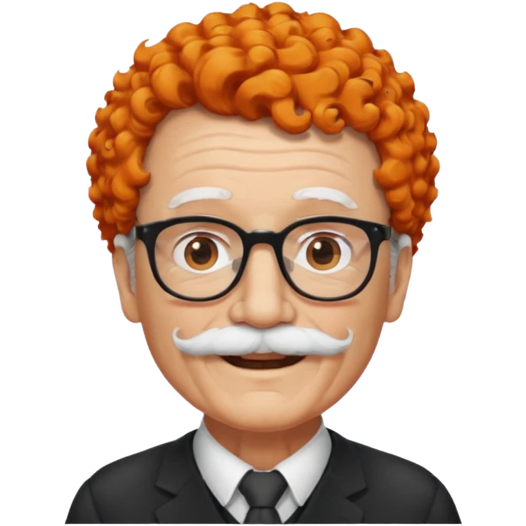 An elderly man with curly orange hair, brown eyes, black glasses, and a white mustache, wearing a gentle smile. emoji